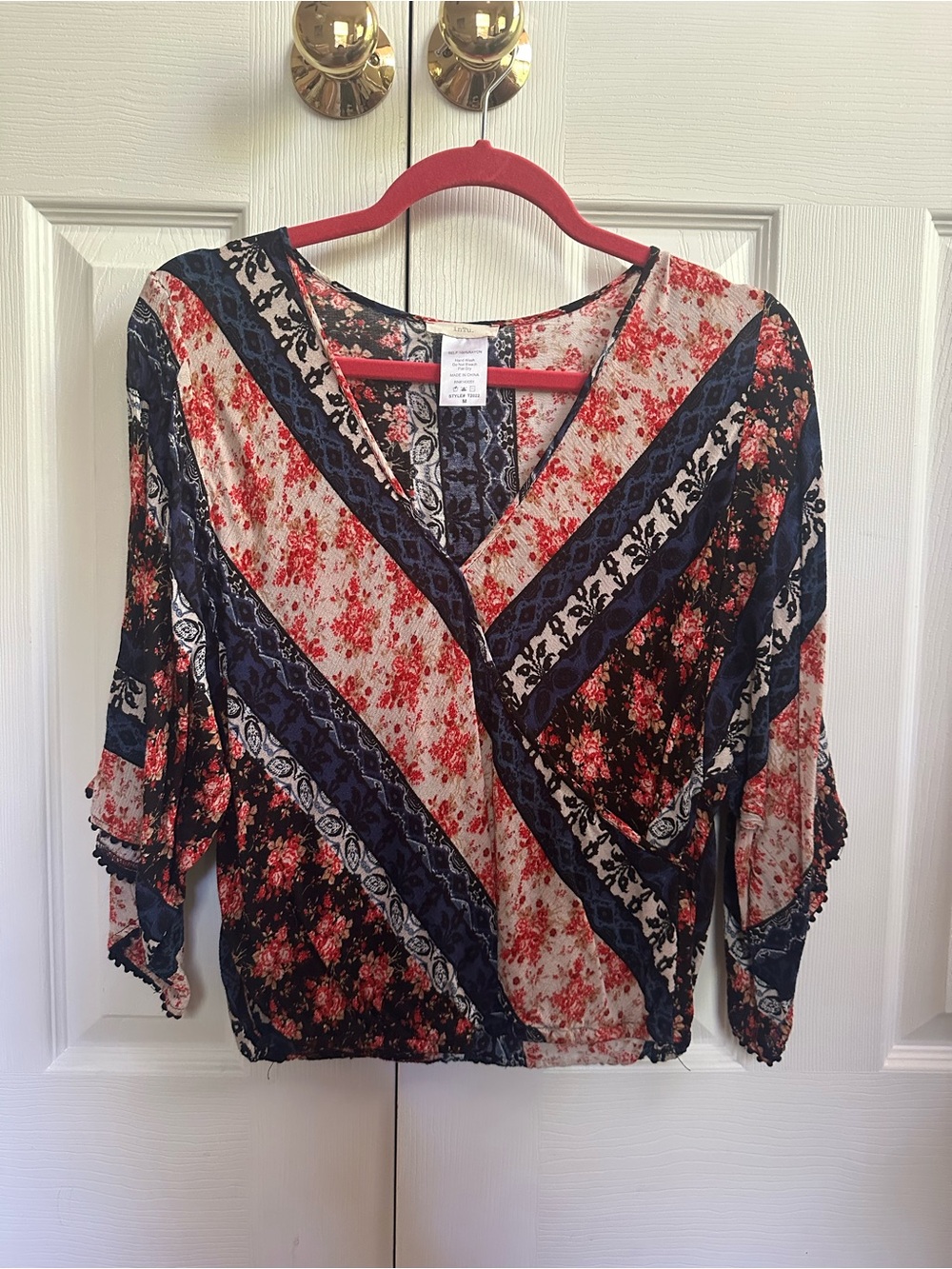 Floral Mixed-Print Wrap Blouse in Navy & Red